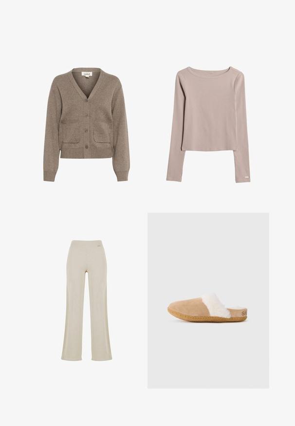 Brun cardigan lavet af blødt stof med V-hals, knaplukning, to forlommer samt ribbet manchetter og kant.; Lys beige langærmet skjorte lavet af blødt, strækbart stof. Har en bred halsudskæring og en let cropped bund. Diskrete syninger.; Beige vide bukser med en glat ribbet tekstur, elastisk talje og ingen synlige dekorationer, hvilket giver en afslappet silhuet.; Tannubuck slip-on tøfler med hvid fluffy foring og gummisål, vist i profilen til siden på hvid baggrund.