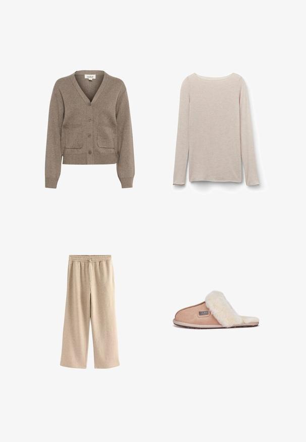 Brun cardigan lavet af blødt stof med V-hals, knaplukning, to forlommer samt ribbet manchetter og kant.; Lyserød langærmet t-shirt med afslappet rund halsudskæring, lavet af blødt stof med en subtil meleret tekstur.; Cremefarvede breddebenede bukser lavet af blødt bomuldsblandingsstof. Har en elastisk talje med snor og en subtil plettet tekstur.; Tan suedestøvle med blødt hvidt pelsfor, åben tå-design, flad sål og et lille brandmærke på siden.