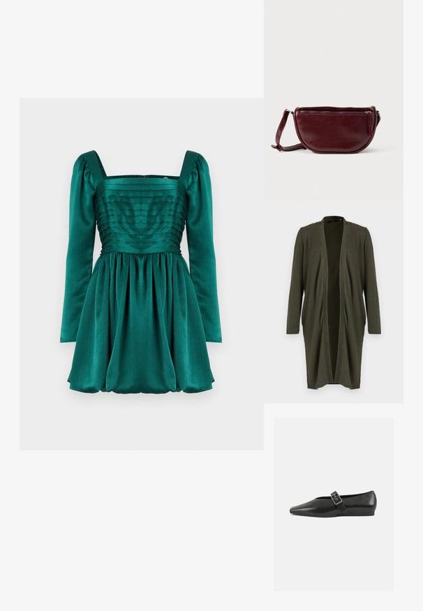 Olivenfarvet åben cardigan med lange ærmer, lavet af et blødt, let materiale, med en draperet front og uden lukninger.; Smaragdgrøn kjole med firkantet halsudskæring, lange puffærmer og plisseret bodice. Nederdelen er samlet, hvilket skaber en voluminøs silhuet.; Sorte læder flade sko med spidse tæer, prydet med en metallisk spænde over vristen og en lav, fleksibel sål.; Vinrød læderhåndtaske med halvmåneform, lynlås og aftagelig rem. Glat tekstur med en subtil glans.