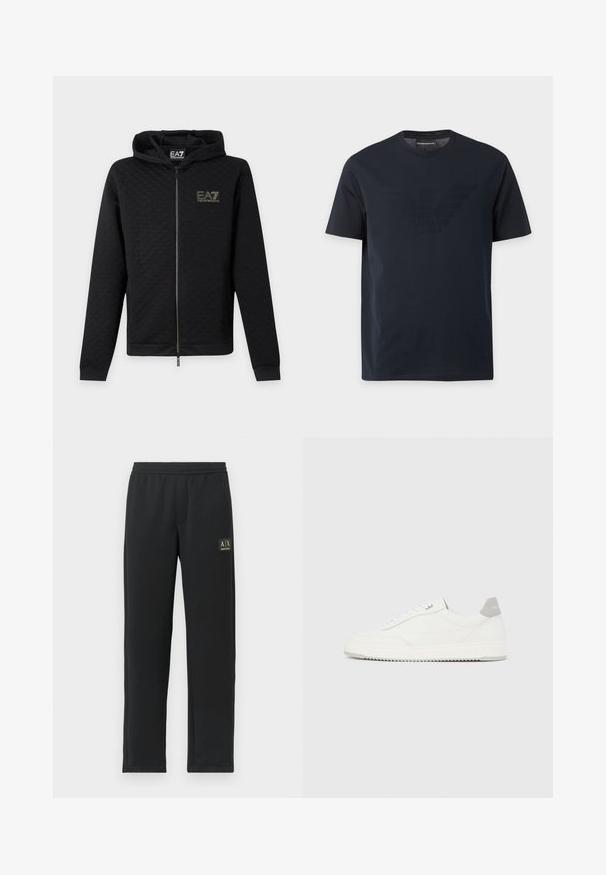 Μαύρο φούτερ με φερμουάρ και το λογότυπο EA7 Emporio Armani στο στήθος, μακριά μανίκια και κουκούλα, εμφανίζεται μπροστά σε απλό ανοιχτό φόντο.; Μαύρο κοντομάνικο μπλουζάκι με στρογγυλή λαιμόκοψη και διακριτικό ανάγλυφο λογότυπο αετού στο στήθος, καθώς και ετικέτα μάρκας μέσα στη λαιμοκόψη.; Μαύρο ίσιο παντελόνι φόρμας με ελαστική μέση και μαύρο λογότυπο γιακά στην άνω αριστερή πλευρά του μηρού.; Λευκό αθλητικό παπούτσι χαμηλού ύψους με γκρι ταμπ εφφέ στη φτέρνα, λευκά κορδόνια και υφή στη σόλα, απεικονιζόμενο σε απλό ανοιχτόχρωμο φόντο.