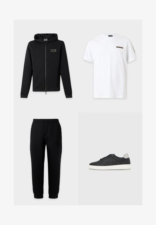 Μαύρο φούτερ με φερμουάρ και το λογότυπο EA7 Emporio Armani στο στήθος, μακριά μανίκια και κουκούλα, εμφανίζεται μπροστά σε απλό ανοιχτό φόντο.; Λευκό μπλουζάκι με κοντά μανίκια με μικρό λογότυπο EA7 Emporio Armani στο αριστερό στήθος και ένα ετικέτα με την εμπορική επωνυμία μέσα στο γιακά.; Μαύρη στενή φόρμα με ελαστική μέση και μανσέτες, πλαϊνές τσέπες και διακριτικό λογότυπο στο δεξί μηρό σε μονόχρωμο φόντο.; Μαύρο αθλητικό παπούτσι χαμηλού τύπου με λευκή σόλα και γκρι ταμπελάκι στη φτέρνα, πλευρική όψη σε απλό λευκό φόντο.