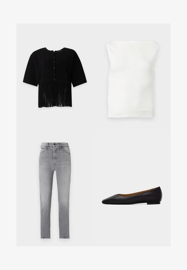 Blouse noire à manches courtes avec texture côtelée verticale, col rond, boutons devant et longue frange à l’ourlet. Aucun objet visible en arrière-plan.; Top tube blanc ajusté sans bretelles avec un décolleté droit et un tissu lisse, présenté sur un fond clair.; Jean gris taille haute coupe slim avec bouton à l'avant, fermeture éclair et design à cinq poches, présenté sur un fond uni.; Chaussure plate en cuir noir à bout pointu avec talon bas et finition lisse, vue de côté sur un fond gris clair.