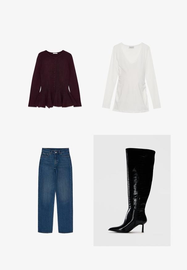 Gilet en tricot bordeaux à longues manches, col rond et fermeture à cinq boutons. Présente un ourlet évasé à la taille.; Haut blanc à manches longues avec un décolleté en V, présentant des détails froncés sur les côtés. Fabriqué en tissu doux et lisse avec un design décontracté.; Jeans en denim bleu foncé avec une coupe droite, dotés d'une fermeture à bouton, de deux poches avant et de détails de couture classiques.; Bottes noires montantes en cuir verni avec un motif crocodile. Bout pointu et talon fin ; dotées d'une fermeture éclair sur le côté.