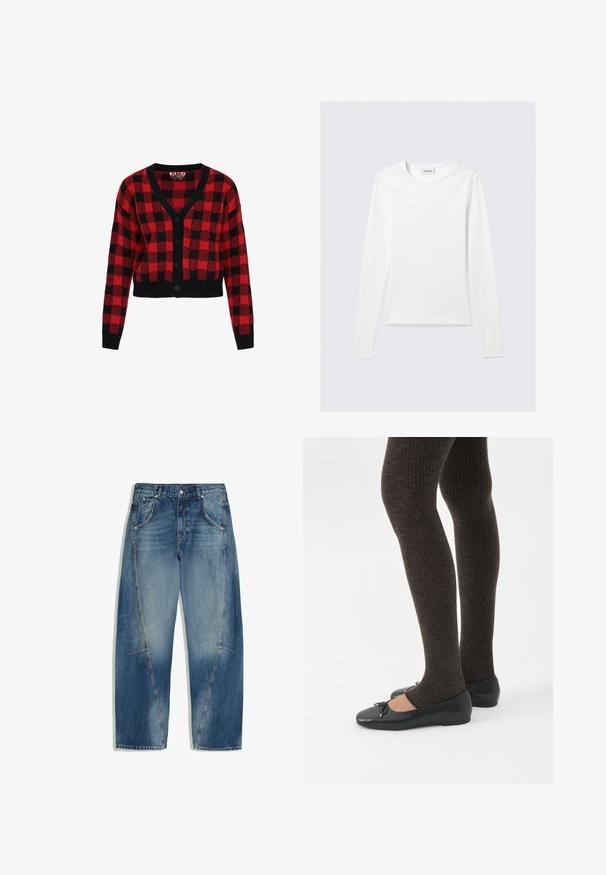 Cardigan à carreaux rouges et noirs avec un col en V, fermeture à boutons et manches longues. Fabriqué en tricot texturé, design court.; T-shirt blanc uni à manches longues avec col rond et coupe slim, présenté sur un fond gris clair.; Jean en denim bleu avec des sections délavées et des coutures apparentes, avec des poches avant et une fermeture par bouton à la taille.; Jambes portant des leggings côtelés foncés associés à des ballerines noires avec de petits détails en nœud sur fond blanc.