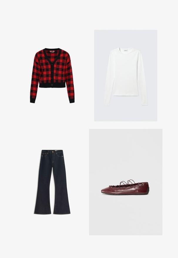 Rood en zwart geblokte cardigan met een v-hals, knoopsluiting en lange mouwen. Gemaakt van gestructureerd breimateriaal, cropped ontwerp.; Effen wit shirt met lange mouwen en ronde hals, slim fit, afgebeeld tegen een lichtgrijze achtergrond.; Donkere denim jeans met uitlopende pijpen, voorzien van een hoge taille, contrasterende stiknaden, knoopsluiting en vier zakken. De pijpen worden wijder bij de zoom.; Bordeaux leren ballerina's met een spitse neus, kantdetails aan de voorkant en zilveren oogjes. Zachte zool voor flexibiliteit en comfort.