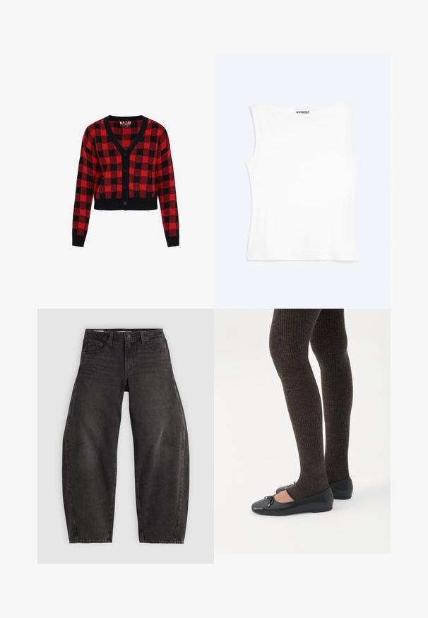 Rood en zwart geblokte cardigan met een v-hals, knoopsluiting en lange mouwen. Gemaakt van gestructureerd breimateriaal, cropped ontwerp.; Wit nauwsluitend mouwloos tanktopje met een ronde halslijn en minimalistisch ontwerp, met het label "WEEKDAY" aan de binnenkant van de kraag.; Zwarte denim jeans met een relaxed fit, voorzien van vijf zakken, een knoopsluiting en subtiele vervaging. De stof heeft een soepele, stevige textuur.; Benen met donkere geribbelde leggings gecombineerd met zwarte ballerina's met kleine strikdetails op een witte achtergrond.