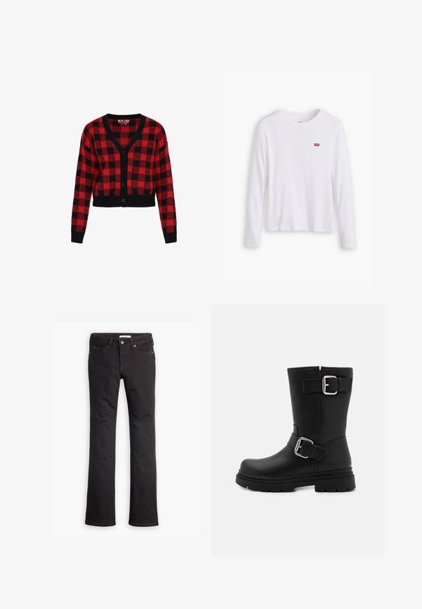 Rød- og sortternet cardigan med v-hals, knaplukning og lange ærmer. Lavet af tekstureret strikmateriale, cropped design.; Hvid langærmet skjorte lavet af blødt bomuld. Har et lille rødt Levi's logo på venstre bryst. Klassisk crew neck design.; Sorte jeans lavet af denim, med lige ben-design, standard talje, fem lommer og diskrete syninger.; Sort læder ankelsko med to side spænder, tyk sål, rund tå og glat tekstur. Designet til holdbarhed og stil.