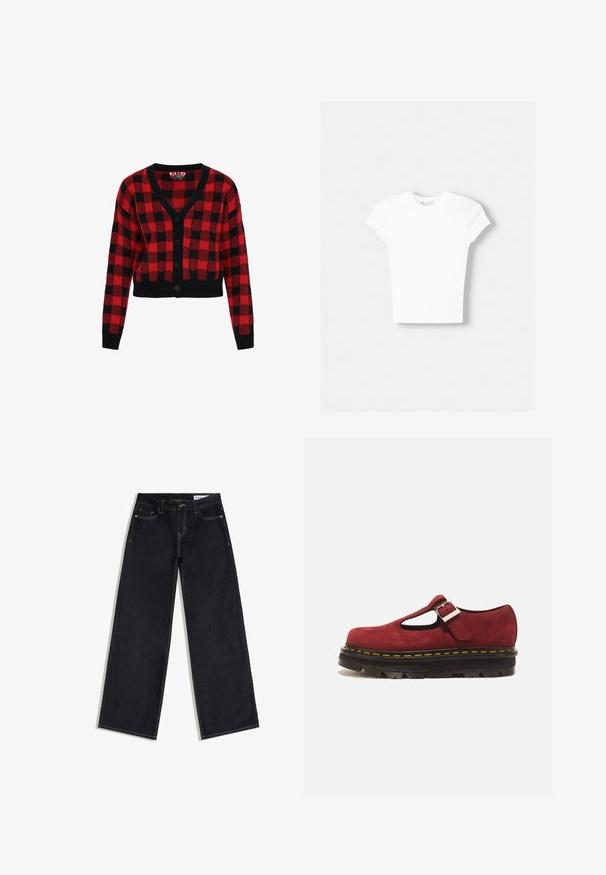 Cardigan à carreaux rouges et noirs avec un col en V, fermeture à boutons et manches longues. Fabriqué en tricot texturé, design court.; T-shirt blanc à manches courtes en coton doux, avec un col rond et une coupe ajustée. Pas de motifs ni d'ornements visibles.; Jean bleu foncé à jambes larges avec poches avant, passants de ceinture et surpiqûres contrastantes, posé à plat sur un fond blanc.; Chaussure Mary Jane en daim rouge avec semelle noire épaisse, coutures jaunes et bride à boucle argentée sur fond blanc.