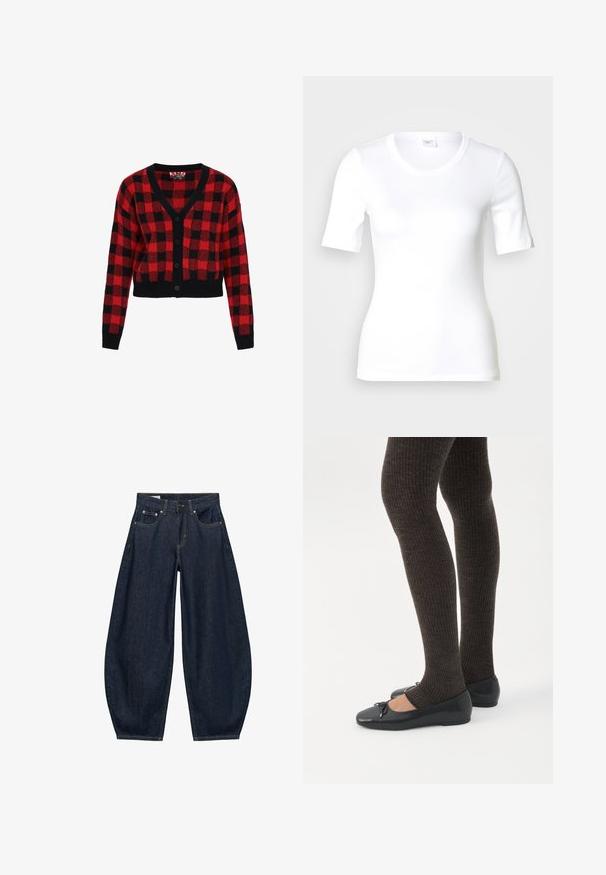 Rood en zwart geblokte cardigan met een v-hals, knoopsluiting en lange mouwen. Gemaakt van gestructureerd breimateriaal, cropped ontwerp.; Wit T-shirt met korte mouwen van glad katoen, met een ronde halslijn en een aangesloten pasvorm. Klassiek ontwerp, zonder patronen of accenten.; Donkerblauwe denim jeans met wijde pijpen, voorzakken, riemlussen en een knoopsluiting in de taille.; Benen met donkere geribbelde leggings gecombineerd met zwarte ballerina's met kleine strikdetails op een witte achtergrond.