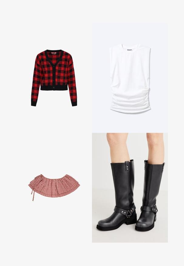 Rood en zwart geblokte cardigan met een v-hals, knoopsluiting en lange mouwen. Gemaakt van gestructureerd breimateriaal, cropped ontwerp.; Witte mouwloze t-shirt met ronde hals, gevoerde schouders en geplooide zijkanten, plat op een lichte achtergrond gelegd.; Rood-wit geruit off-shoulder cropped top met gerimpelde zoom en verstelbare strik aan één kant, geïsoleerd op een witte achtergrond.; Zwarte leren kniehoog laarzen met een brede schacht, bandjesdetails, zilveren hardware en een platte zool. Soepele textuur met een lichte glans.