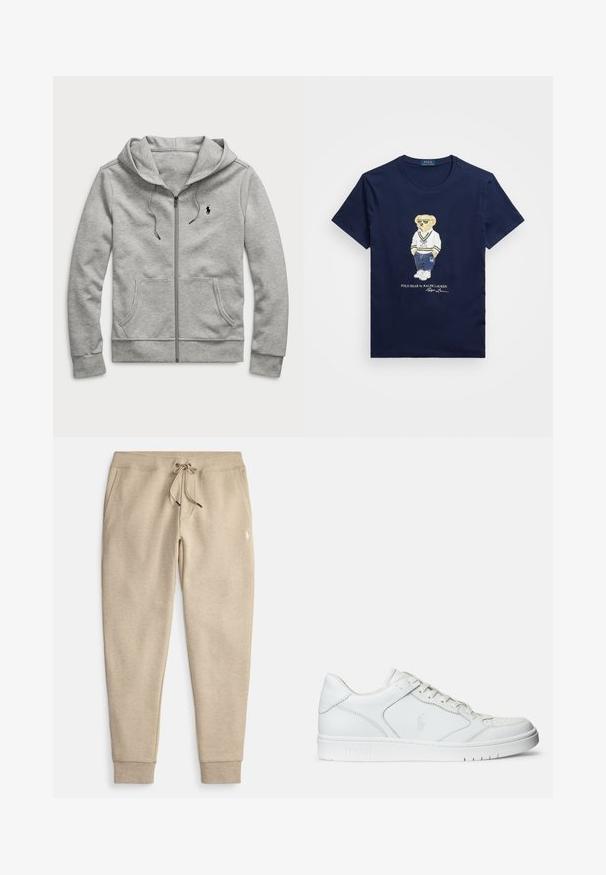 Sudadera con capucha y cremallera en gris claro, con bolsillos delanteros, capucha con cordón y pequeño logo negro en el pecho izquierdo.; Camiseta de algodón azul marino con un gráfico de un oso con ropa deportiva, gafas de sol y una firma debajo. Diseño clásico de cuello redondo.; Pantalones deportivos beige hechos de tela suave, con cintura ajustable con cordón, bolsillos laterales y puños acanalados. Incluyen un pequeño logo en el muslo.; Zapatilla de cuero blanca con textura suave, que presenta una puntera perforada, cierre de cordones y logo bordado en el lateral. Suela de goma blanca.