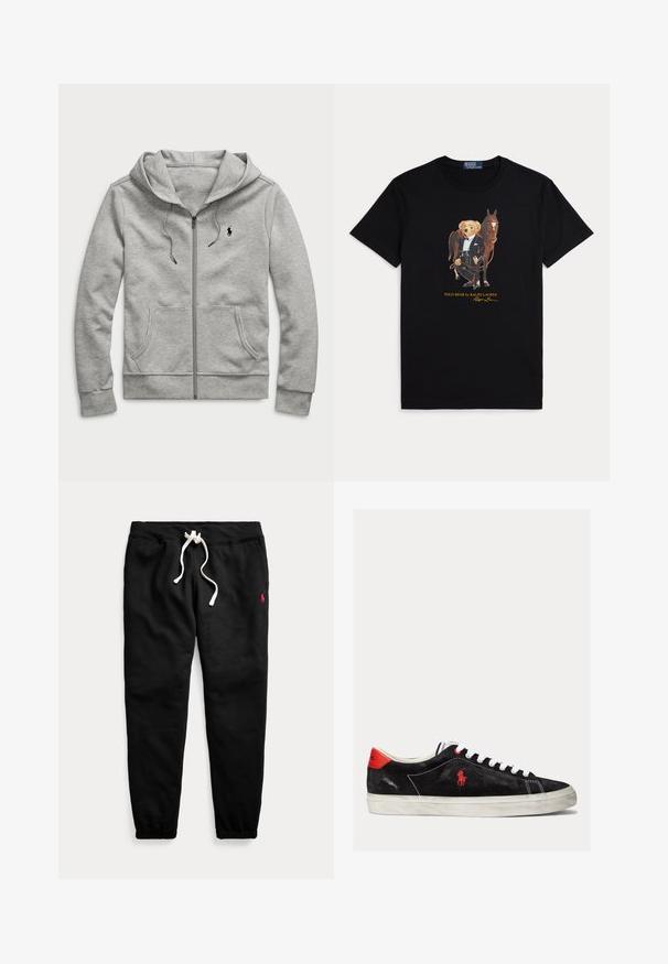 Lysegrå hættetrøje med lynlås, forlommer, snøre i hætten og lille sort logo på venstre bryst.; Sort t-shirt med grafik af en tøjdyrbjørn iført formelt rideudstyr, stående ved siden af en brun hest.; Sorte joggingbukser med hvid snøre, elastiske manchetter, sidelommer og lille rødt logo på venstre lår.; Sorte ruskind sneakers med hvide snørebånd, røde accenter på hælen og et lille rødt logo. Har en flad gummisål og enkel syning.