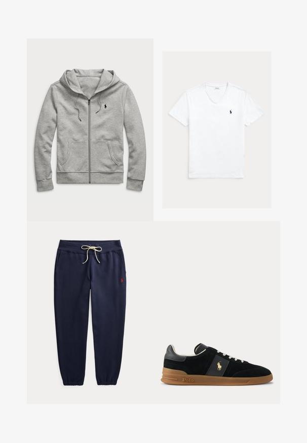 Sudadera con capucha y cremallera en gris claro, con bolsillos delanteros, capucha con cordón y pequeño logo negro en el pecho izquierdo.; Camiseta blanca de manga corta con cuello en V y pequeño logo de Polo Ralph Lauren en azul marino en el lado izquierdo del pecho, mostrada extendida sobre un fondo claro.; Pantalones jogger azul marino con puños elásticos, cordón blanco en la cintura, bolsillos laterales y pequeño logo rojo bordado en el muslo izquierdo.; Zapatilla negra de corte bajo con cordones blancos, suela de goma marrón y logo dorado de Polo en el lateral y en la lengüeta del talón.