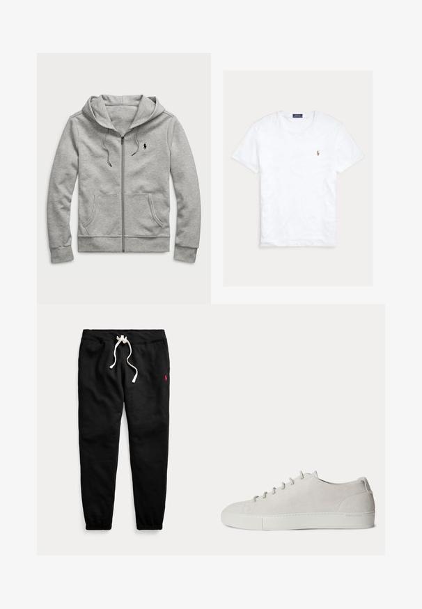 Lichtgrijze hoodie met ritssluiting, voorzakken, trekkoord in de capuchon en klein zwart logo op de linkerborst.; Witte T-shirt met korte mouwen en ronde hals met klein geborduurd Polo Ralph Lauren-logo op de linkerborst en een blauw merklint binnenin de kraag.; Zwarte joggingbroek met wit trekkoord, elastische boorden, zijzakken en klein rood logo op de linker dij.; Witte lage suède sneaker met veters aan de voorkant en rubberen zool, minimalistisch ontwerp.