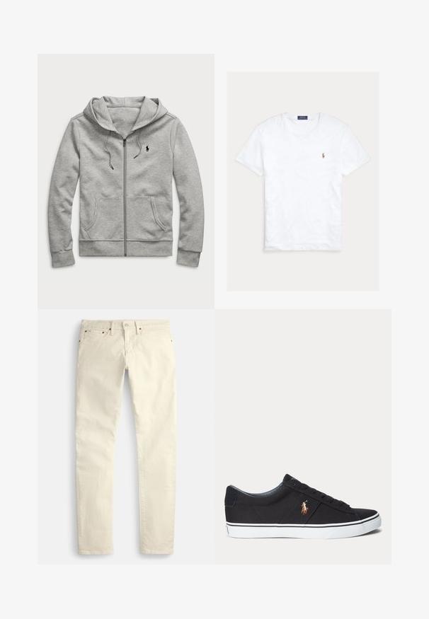 Sudadera con cremallera en un gris claro, con un bolsillo delantero, cordones y un pequeño logo negro en el pecho. Está hecha de una tela suave y texturizada.; Camiseta blanca de manga corta y cuello redondo con pequeño logo bordado de Polo Ralph Lauren en el pecho izquierdo y etiqueta azul de la marca en el interior del cuello.; Pantalones beige claro de pierna recta hechos de una tela texturizada. Cuentan con cinco bolsillos y herrajes metálicos marrones. Sin patrones ni accents visibles.; Zapatilla negra de corte bajo con suela blanca de goma y logotipo bordado de caballo marrón en el lateral.