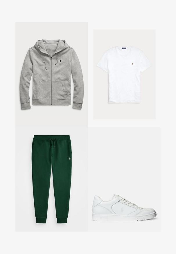 Sudadera con capucha y cremallera en gris claro, con bolsillos delanteros, capucha con cordón y pequeño logo negro en el pecho izquierdo.; Camiseta blanca de manga corta y cuello redondo con pequeño logo bordado de Polo Ralph Lauren en el pecho izquierdo y etiqueta azul de la marca en el interior del cuello.; Pantalones deportivos verdes de tejido suave, con cintura ajustable con cordón, tobillos acampanados y un pequeño logo bordado en el muslo izquierdo.; Zapatilla de cuero blanca con textura suave, que presenta una puntera perforada, cierre de cordones y logo bordado en el lateral. Suela de goma blanca.