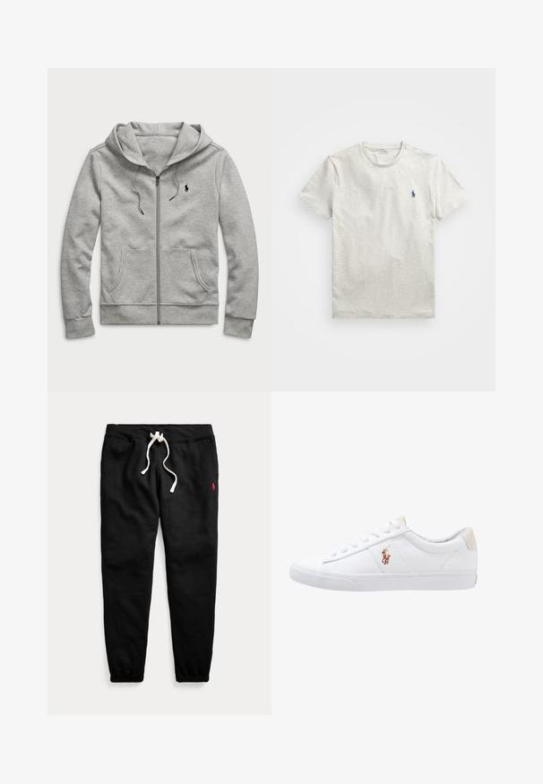 Sudadera con capucha y cremallera en gris claro, con bolsillos delanteros, capucha con cordón y pequeño logo negro en el pecho izquierdo.; Camiseta de manga corta de cuello redondo en gris claro con pequeño logo de polo Ralph Lauren en azul marino en el pecho izquierdo.; Pantalones deportivos negros con cordón blanco, puños elásticos, bolsillos laterales y pequeño logo rojo en el muslo izquierdo.; Zapatilla de lona blanca con diseño de corte bajo, que cuenta con un taco trasero beige y un pequeño logo bordado en el costado. Suela de goma.