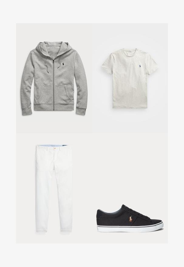 Lysegrå hættetrøje med lynlås, forlommer, snøre i hætten og lille sort logo på venstre bryst.; Lysegrå T-shirt med korte ærmer og rund hals med lille mørkeblå Polo Ralph Lauren-hestelogo på venstre bryst.; Hvide bomuldschinos med slank pasform, med en enkelt guldknaplukning og lyseblåt inderliv. Glat tekstur uden mønstre.; Sort lav sneakersko med hvid sål og broderet polo spiller logo på siden, med snørebånd og tekstureret stofoverdel.