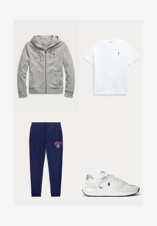 Lichtgrijze hoodie met ritssluiting, voorzakken, trekkoord in de capuchon en klein zwart logo op de linkerborst.; Witte katoenen t-shirt met korte mouwen, ronde hals en een klein marineblauw logo op de linkerborst. Glad textuur en klassieke pasvorm.; Marineblauwe joggingbroek met trekkoord in de taille en rood "POLO" logo en embleem op de bovenste linker dij.; Witte lage sneaker met veterluiting, zwart logo aan de zijkant, grijze accenten en een dikke witte zool met zwart profiel.