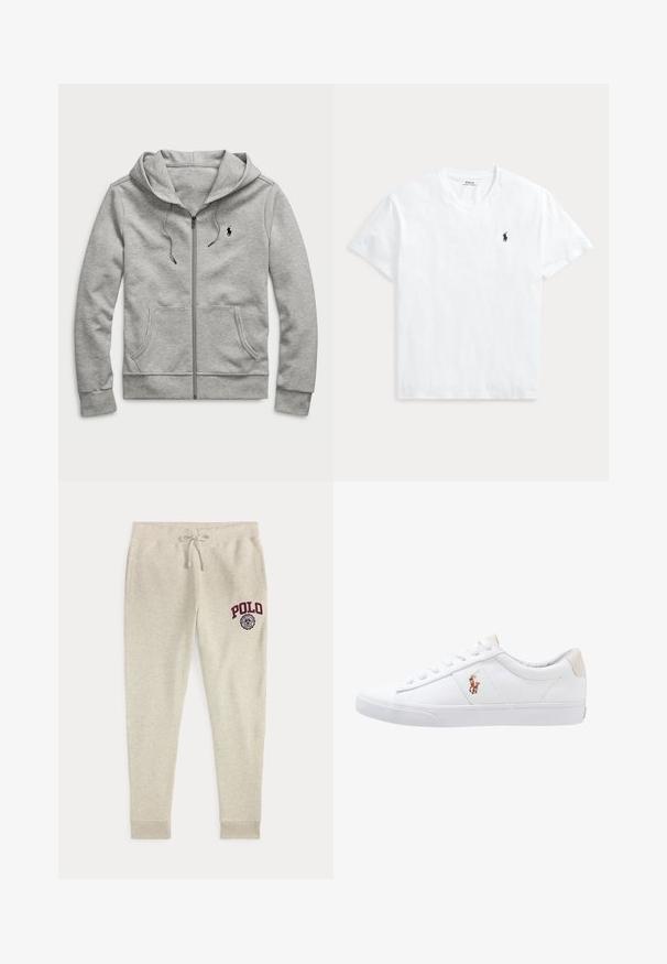 Sudadera con capucha y cremallera en gris claro, con bolsillos delanteros, capucha con cordón y pequeño logo negro en el pecho izquierdo.; Camiseta blanca de manga corta con escote en V y pequeño logo de caballo Polo Ralph Lauren en azul marino en el pecho izquierdo.; Pantalones deportivos beige con cordón, bolsillos laterales y logo y emblema rojo "POLO" en la parte superior del muslo izquierdo.; Zapatilla de lona blanca con diseño de corte bajo, que cuenta con un taco trasero beige y un pequeño logo bordado en el costado. Suela de goma.