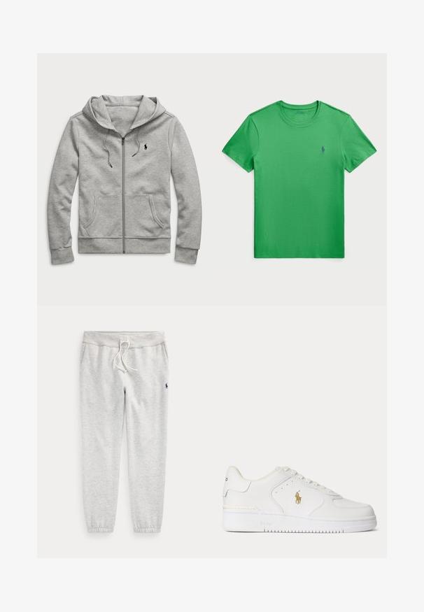 Sudadera con cremallera en un gris claro, con un bolsillo delantero, cordones y un pequeño logo negro en el pecho. Está hecha de una tela suave y texturizada.; Camiseta de algodón verde con cuello redondo y mangas cortas. Presenta un pequeño logo de polo azul en el lado izquierdo del pecho. Textura suave y lisa.; Pantalones deportivos gris claro con puños elásticos, cintura con cordón, bolsillos laterales y pequeño logo oscuro en el muslo superior izquierdo.; Zapatilla blanca de piel de corte bajo con cordones blancos y un logo dorado de Polo Ralph Lauren en el lateral y "Polo" grabado en la suela.