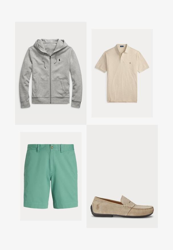 Lichtgrijze zip-up hoodie met een voorzak, trekkoorden en een klein zwart logo op de borst. Gemaakt van zacht, gestructureerd materiaal.; Beige poloshirt met korte mouwen, kraag en twee knoopsluiting, met klein geborduurd paardenlogo op de linkerborst.; Herenshorts in lichtgroen, gemaakt van een katoenmengsel. Voorzien van een vlakke voorkant, knoopsluiting, riemlussen en zijzakken. Soepele textuur.; Beige suède instappers met een gestikt detail, platte rubberen zool en een klein logo aan de zijkant. Klassiek instapontwerp, zachte textuur.