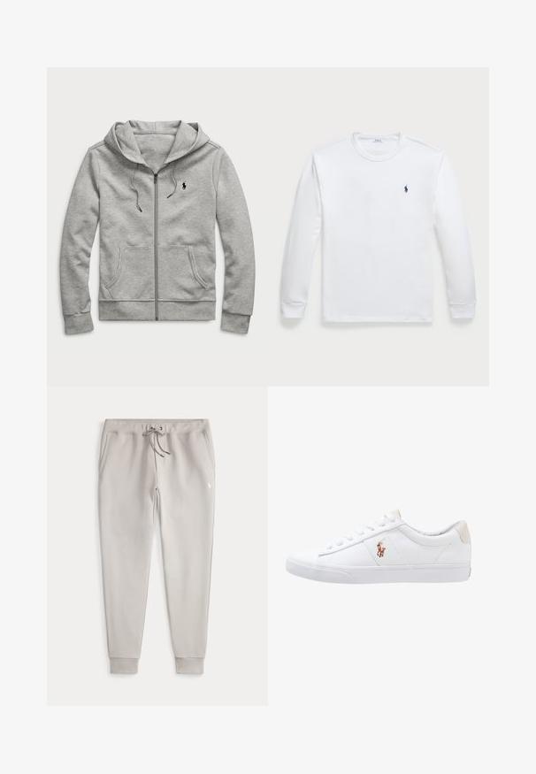 Sudadera con capucha y cremallera en gris claro, con bolsillos delanteros, capucha con cordón y pequeño logo negro en el pecho izquierdo.; Camiseta de manga larga blanca hecha de algodón, con escote redondo y un pequeño logo azul marino en el lado izquierdo del pecho. Textura suave, diseño simple.; Pantalones de chándal gris claro con cinturilla elástica, cordón, bolsillos laterales, tobillos ajustados y pequeño logo bordado en blanco en el muslo.; Zapatilla de lona blanca con diseño de corte bajo, que cuenta con un taco trasero beige y un pequeño logo bordado en el costado. Suela de goma.