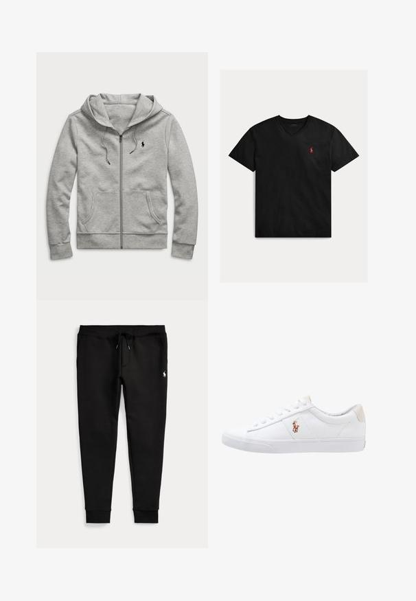 Sudadera con capucha y cremallera en gris claro, con bolsillos delanteros, capucha con cordón y pequeño logo negro en el pecho izquierdo.; Camiseta de algodón negra con cuello en v, mangas cortas y un pequeño logo rojo en el pecho izquierdo. Textura suave y diseño casual.; Pantalones jogger negros con tobillos con puños, cintura con cordón, bolsillos laterales y pequeño logo blanco de jugador de polo en el muslo derecho.; Zapatilla de lona blanca con diseño de corte bajo, que cuenta con un taco trasero beige y un pequeño logo bordado en el costado. Suela de goma.