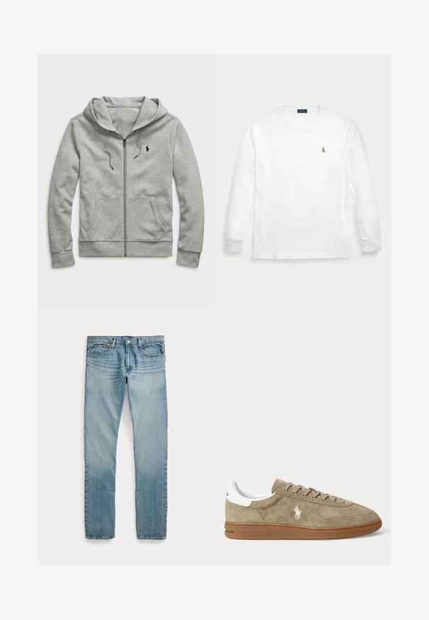 Lichtgrijze hoodie met ritssluiting, voorzakken, trekkoord in de capuchon en klein zwart logo op de linkerborst.; Witte longsleeve met ronde hals en klein geborduurd Polo Ralph Lauren-logo op de linkerborst.; Lichtblauwe rechte spijkerbroek met vijf zakken, knoopsluiting en subtiele vervaagde details rond de dijen en knieën.; Beige suède lage sneaker met bruine zool, witte hiel-detail, veters en een wit geborduurd polo-speler logo aan de zijkant.