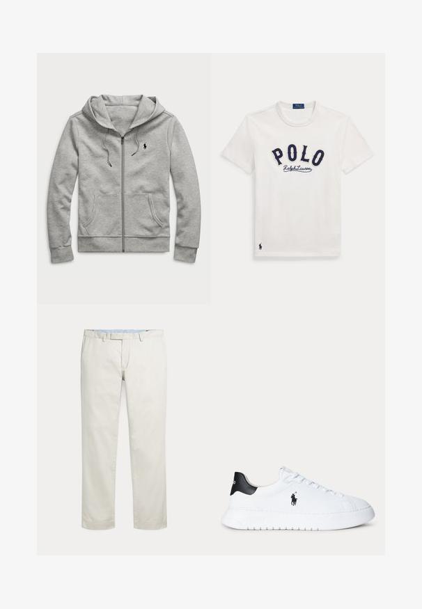 Sudadera con capucha y cremallera en gris claro, con bolsillos delanteros, capucha con cordón y pequeño logo negro en el pecho izquierdo.; Camiseta blanca de manga corta con texto "POLO Ralph Lauren" en azul marino en el pecho y un pequeño logo de jugador de polo en azul marino cerca del bajo.; Pantalones color crema de pierna recta con trabillas para cinturón y cierre delantero oculto sobre un fondo liso.; Zapatilla blanca de perfil bajo con lengüeta negra en el talón y logo negro de Polo Ralph Lauren en el lateral, con cordones blancos y suela blanca gruesa.