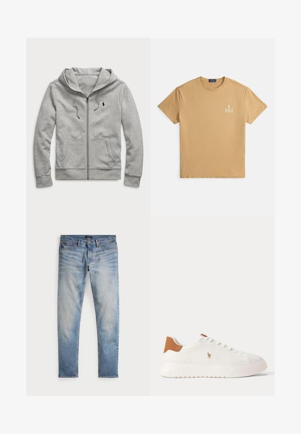 Sudadera con capucha y cremallera en gris claro, con bolsillos delanteros, capucha con cordón y pequeño logo negro en el pecho izquierdo.; Camiseta de manga corta muy corta hecha de algodón, con cuello redondo y un pequeño logo blanco bordado en el pecho izquierdo.; Jeans de mezclilla azul claro con un acabado desteñido, diseño de cinco bolsillos y costuras en contraste. Incluyen un cierre de cremallera y trabillas para cinturón. Corte recto.; Zapatilla blanca de caña baja con lengüeta trasera en color marrón claro, cordones blancos y un pequeño logo bordado de jugador de polo en el lateral sobre una suela gruesa.