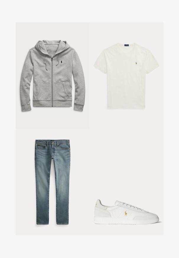 Lysegrå hættetrøje med lynlås, forlommer, snøre i hætten og lille sort logo på venstre bryst.; Hvid kortærmet bomulds-T-shirt med rund hals, lille Polo Ralph Lauren broderet logo på venstre bryst.; Blå denim jeans med lige ben, forlommer, bæltestropper og knaplukning.; Hvid lavtop sneaker med snøredesign, guldfarvet Polo Ralph Lauren-logo på siden og tekstureret sål på en ensfarvet baggrund.