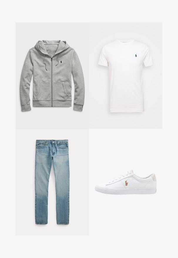Sudadera con capucha y cremallera en gris claro, con bolsillos delanteros, capucha con cordón y pequeño logo negro en el pecho izquierdo.; Camiseta de algodón blanca con cuello redondo. Presenta un pequeño logo azul oscuro en el lado izquierdo del pecho. Mangas cortas, textura suave.; Vaqueros de mezclilla azul claro de pierna recta con cinco bolsillos, cierre de botón y detalles sutiles descoloridos alrededor de los muslos y las rodillas.; Zapatilla de lona blanca con diseño de corte bajo, que cuenta con un taco trasero beige y un pequeño logo bordado en el costado. Suela de goma.