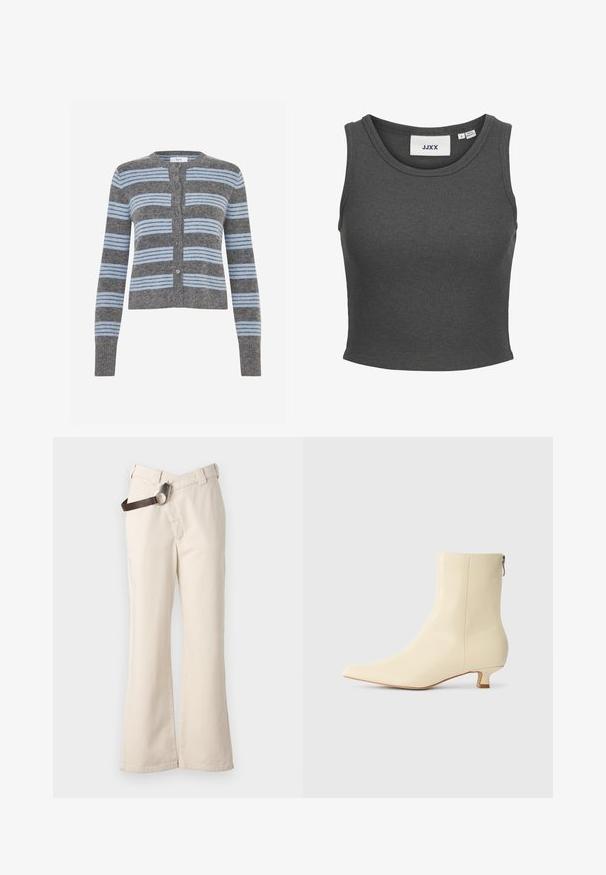 Cardigan gris avec des rayures horizontales bleues, col rond, manches longues, et six boutons violets sur le devant. Texture douce, coupe courte.; Haut court sans manches gris foncé côtelé avec encolure ronde et étiquette de marque "JJXX" à l'intérieur du col.; Pinko PAINT PANTALONE - Pantalon classique - beige betulla; Bottine beige en cuir lisse, bout pointu, petit talon carré et fermeture éclair latérale pour un enfilage facile.