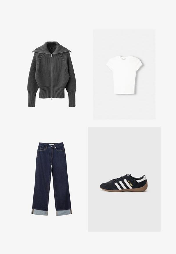 Pull en maille côtelée gris foncé avec fermeture éclair, large col plié et manches longues ajustées.; T-shirt blanc à manches courtes en coton doux, avec un col rond et une coupe ajustée. Pas de motifs ni d'ornements visibles.; Jean denim bleu foncé à jambes larges avec ourlets retroussés, bouton devant, braguette zippée et design à cinq poches.; Baskets en daim noir avec trois bandes blanches, semelle en caoutchouc beige, et un petit logo doré sur le côté. Dotées d'une doublure intérieure noire lisse.