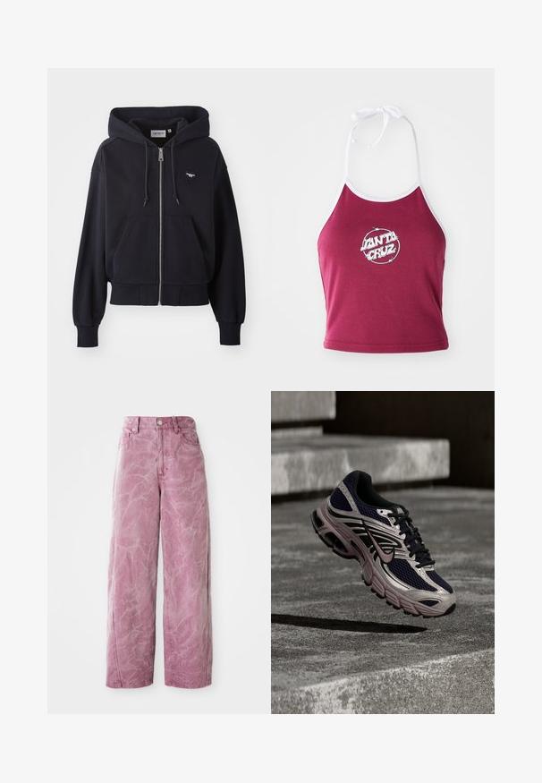 Mørkeblå hættejakke med lynlås lavet af blødt stof, med en kængurulomme, ribbede manchetter og et lille hjerteformet logo på brystet.; Mørkerød halterneck crop top med hvidt trim, prydet med et cirkulært logo med "Santa Cruz" i hvidt, lavet af ribbet bomuldsmateriale.; Rosa bredde ben jeans med høj talje, med en falmet, tekstureret finish, knaplukning og sidelommer.; Nike løbesko i sort og grå med pink accenter, svævende over en betonoverflade og trin i et skyggefuldt udendørsmiljø.