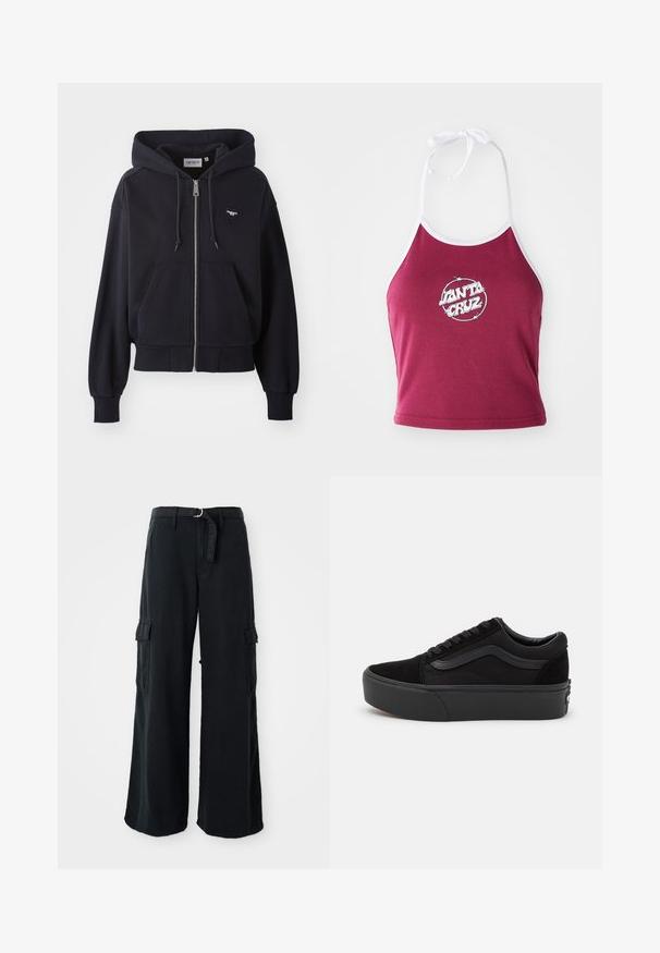Mørkeblå hættejakke med lynlås lavet af blødt stof, med en kængurulomme, ribbede manchetter og et lille hjerteformet logo på brystet.; Mørkerød halterneck crop top med hvidt trim, prydet med et cirkulært logo med "Santa Cruz" i hvidt, lavet af ribbet bomuldsmateriale.; Sorte bredbenede cargo-bukser lavet af bomuld med et bånd, der kan bindes, og som har to sidelommer samt en glat stofstruktur.; Sort sneakers lavet af ruskind og lærred, med en rund tå, flad snørebåndsdesign og en tyk gummisål med subtil branding.