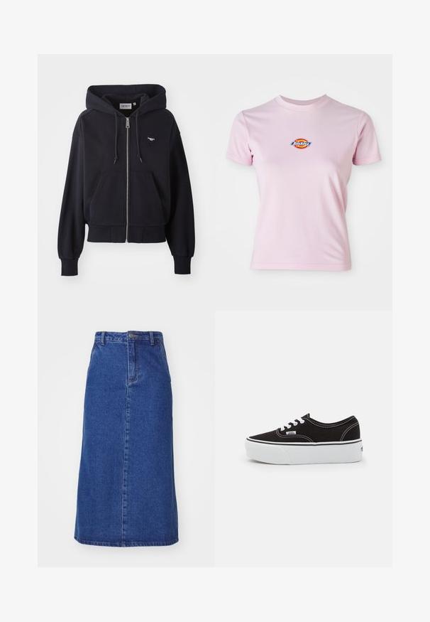Mørkeblå hættejakke med lynlås lavet af blødt stof, med en kængurulomme, ribbede manchetter og et lille hjerteformet logo på brystet.; Lyserød bomulds t-shirt med korte ærmer, rund halsudskæring og et lille cirkulært logo i rød, gul og blå på brystet.; Denimnederdel i mørkeblå, med en tætsiddende talje, lige silhuet og forsømmer, samt en kantlinje der falder under knæet.; Sort lærred sneakers med en hvid gummi platform sål, der har hvide snørebånd og syninger, ikonisk branding på siden, lav-top design.