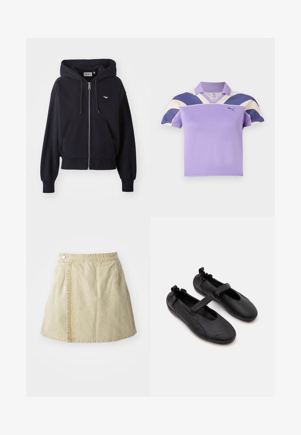 Navy sininen vetoketjullinen huppari, joka on valmistettu pehmeästä kankaasta. Siinä on kengurupocket, resorit käärmeissä ja pieni sydämen muotoinen logo rinnassa.; Violet polo-paita, jossa on kauluksellinen kaula, ja suuret vaaleanpunaiset ja laivastonsiniset raidoitukset olkapäillä. Pehmeä, tekstuuriainen kangas, rento muotoilu.; Khaki mini hame tehtud pehmest kangast, millel on külgpealne nööbikinnitus, sile tekstuur ja veidi laienev siluett, mille helm tõuseb põlvest kõrgemale.; Pari mustia Mary Jane -tyylisiä nahkakenkiä, joissa joustava takaosa ja tarranauha, jokaisessa varpaassa hillitty Puma-logo.