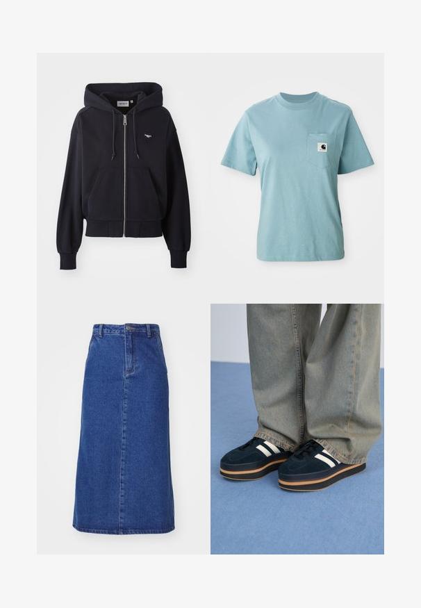 Mørkeblå hættejakke med lynlås lavet af blødt stof, med en kængurulomme, ribbede manchetter og et lille hjerteformet logo på brystet.; Lyseblå kortærmet bomulds T-shirt med brystlomme og et lille sort-hvidt Carhartt logo patch.; Denimnederdel i mørkeblå, med en tætsiddende talje, lige silhuet og forsømmer, samt en kantlinje der falder under knæet.; Mørkeblå ruskinds-platform sneakers med hvide striber og sorte snørebånd. Har en tyk brun gummisål. Bæres med lyseblå denimbukser.