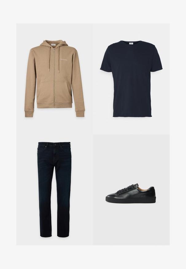 Beige zip-up hoodie with front pockets, drawstring hood, and small white "Tiger of Sweden" text on the left chest.; Navy blue cotton t-shirt featuring a crew neckline and short sleeves, with a smooth texture and simple design, no visible patterns or accents.; Dark blue straight-leg jeans with front and back pockets, belt loops, and a button closure on a plain background.; Black leather sneaker with a smooth texture, round toe, and lace-up closure. Features a thick rubber sole and minimal branding detail.