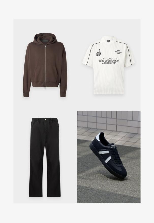 Καφέ φούτερ με φερμουάρ από μαλακό ύφασμα, με άνετη κουκούλα, μπροστινή τσέπη καγκουρό και ριμπ μανσέτες και στρίφωμα.; Λευκό αθλητικό πόλο με κοντά μανίκια και μαύρη επένδυση στους ώμους, διακριτικό μοτίβο ζέβρας και μαύρα λογότυπα με κείμενο "Core Sportswear Association" και "World Performance Studio".; Μαύρο παντελόνι από βαμβάκι με ελαστική ζώνη, διαθέτει ίσια γραμμή, λεία υφή και χωρίς εμφανή διακοσμητικά στοιχεία ή σχέδια.; Μαύρα δερμάτινα αθλητικά παπούτσια με λευκές ρίγες, υφασμάτινη σόλα από καουτσούκ και κορδόνια. Διαθέτουν λογότυπο στη γλώσσα του παπουτσιού.