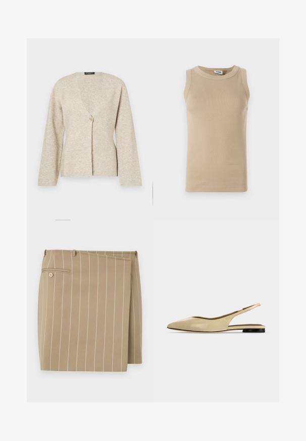 Cardigan beige en tissu tricoté doux, avec un décolleté en V, des manches longues et une seule fermeture à bouton en or à l'avant.; Top sans manches beige en tissu côtelé avec un col rond, présentant des coutures ton sur ton et un design ajusté.; Jupe beige avec des rayures blanches verticales, en tissu texturé. Présente un rabat à l'avant et une poche arrière avec un détail de bouton.; Chaussure plate beige à bout pointu avec bride arrière, petit talon noir et finition en cuir lisse, vue de côté sur un fond uni.