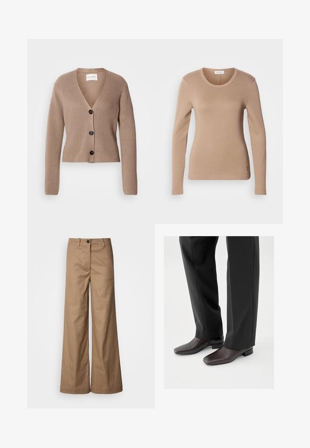 Cardigan beige à côtes, à manches longues, en V, avec trois boutons noirs à l'avant. Texture douce et design court.; Haut à manches longues en beige clair, avec un col rond et une coupe slim. Fabriqué en tissu doux et extensible avec une texture subtile. Détail du logo sur l'ourlet.; Pantalons à jambes larges en tissu lisse et beige. Dotés d'une fermeture à bouton sur le devant, de passants de ceinture et de poches latérales. Lignes épurées sans motifs visibles.; Chaussures en cuir marron foncé avec un bout carré et un petit talon bloc, portées avec un pantalon noir sur mesure, affichant une apparence élégante et polie.