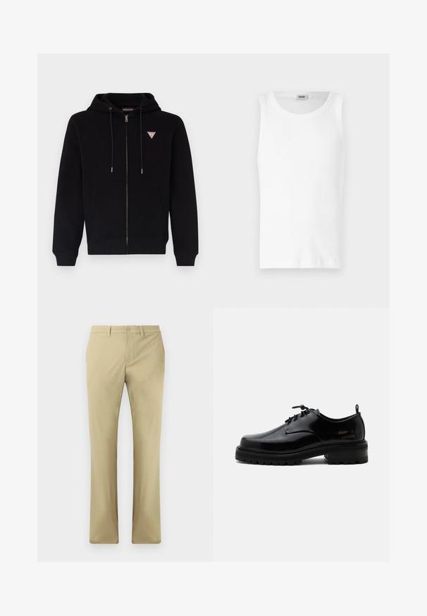 Schwarze Zip-Hoodie aus weichem Stoff, mit Kängurutasche, verstellbarem Kapuzenpulli und einem kleinen roten und weißen Logo auf der Brust.; Weißes Baumwoll-Tanktop ohne Ärmel mit Rundhalsausschnitt und glatter Textur. Einfaches Design, ohne Muster oder Akzente.; Beige Hosen mit flachem Frontdesign, Knopfverschluss und geradem Bein. Hergestellt aus glattem Stoff mit minimal sichtbaren Nähten.; Schwarzer polierter Lederschnürschuh mit dicker Gummisohle und niedrigem Absatz, seitlichem Marken-Schriftzug "SAMSOE" und hinterer Zuglasche.