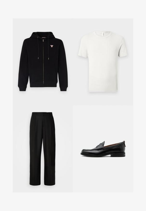 Sudadera con cremallera negra hecha de tela suave, con un bolsillo canguro, capucha con cordón, y un pequeño logo rojo y blanco en el pecho.; Camiseta blanca lisa de manga corta y cuello redondo, extendida sobre una superficie gris claro, con una pequeña etiqueta de tela en el cuello.; Pantalones negros con corte recto, textura suave, pliegues frontales y cintura estándar. Diseño minimalista sin patrones adicionales.; Mocasín de hombre de piel negra con costura moc toe, tira penny, cuello texturizado y tacón bajo apilado sobre fondo blanco.