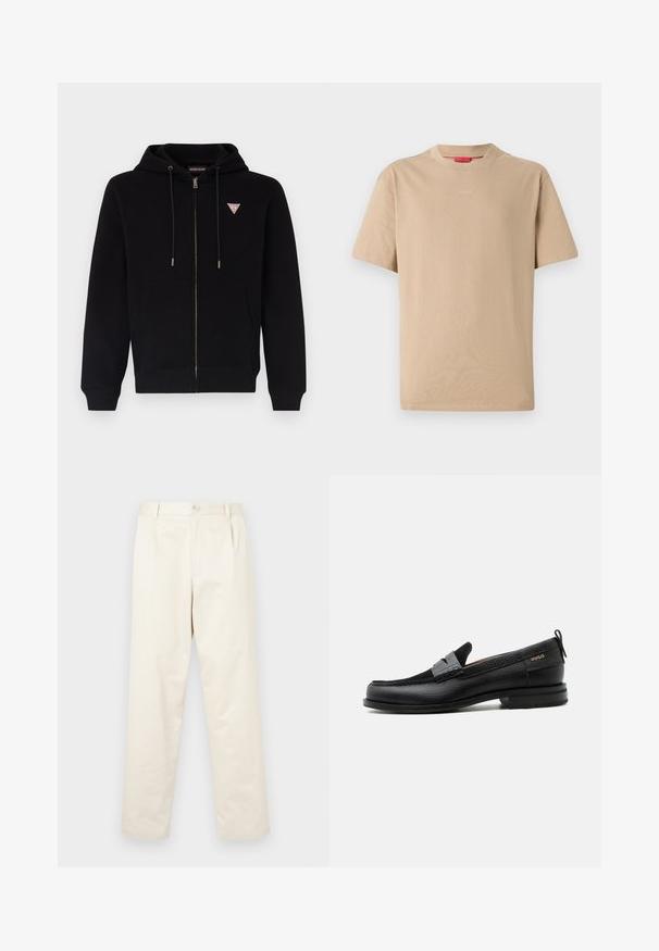 Schwarze Zip-Hoodie aus weichem Stoff, mit Kängurutasche, verstellbarem Kapuzenpulli und einem kleinen roten und weißen Logo auf der Brust.; Beige Baumwoll-T-Shirt mit kurzen Ärmeln, Rundhalsausschnitt und dezentem "HUGO"-Logo in der Mitte. Angenehme Textur, legerer Schnitt.; Helle beige Baumwoll-Chinos mit geradem Bein, ausgestattet mit einem Knopfverschluss und zwei seitlichen Taschen. Glatte Textur ohne sichtbare Muster.; Schwarzer Lederloafer mit grauem Riemendetail, niedrigem Absatz und strukturierter Sohle, seitlich mit „HUGO“ in Gold gebrandmarkt.