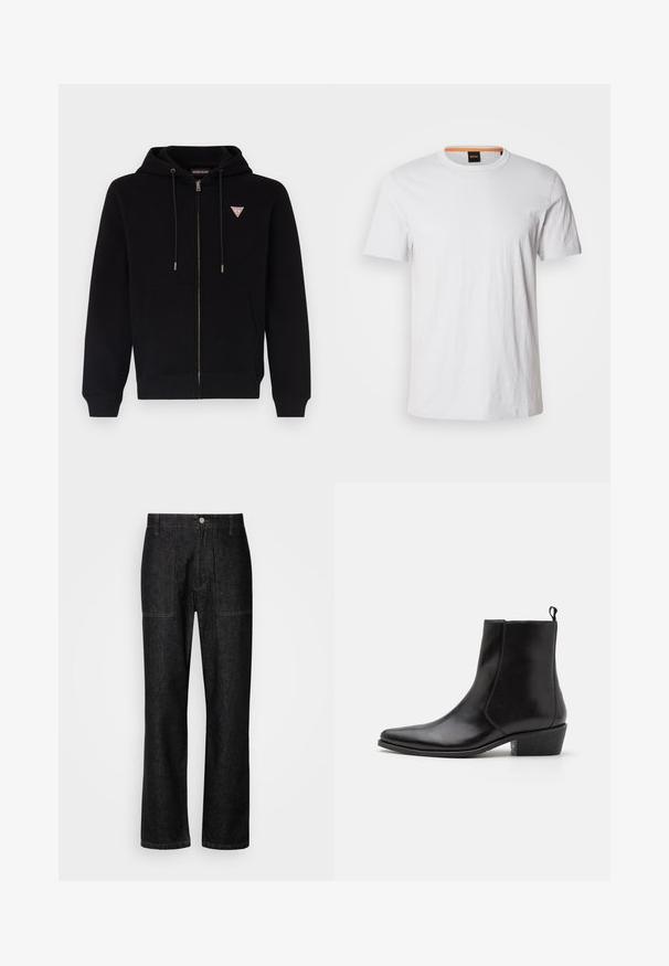 Sudadera con cremallera negra hecha de tela suave, con un bolsillo canguro, capucha con cordón, y un pequeño logo rojo y blanco en el pecho.; Camiseta de manga corta blanca hecha de suave algodón, con un cuello redondo y un sutil detalle de logo en blanco a juego en la parte delantera.; Pantalones de mezclilla negros con corte recto, costuras visibles y cierre frontal con botón. Incluye dos bolsillos laterales y dos bolsillos traseros.; Zign by Zalando LEATHER - Botines camperos - black