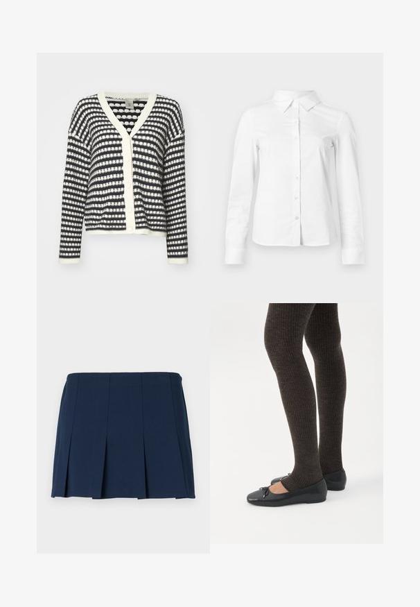 Knappet cardigan med navy og kremstriber, strikket tekstur, v-hals og ribbede ærmer. Fire knapper foran til lukning.; Hvid skjorte med lange ærmer, knapper, spids krave, lige kant og tætsiddende silhuet, vist på en ensartet lys baggrund.; Mørkeblå, plisseret mini nederdel med en lige talje, lavet af et glat stof. Har lodrette syninger langs plisseringerne.; Ben iført mørke ribbede leggings kombineret med sorte balletsko med små sløjfedetaljer på hvid baggrund.