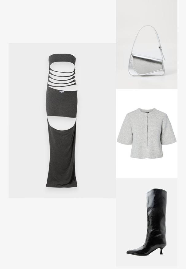 Grijze kortärmelig vest van geribbelde stof met een ronde halslijn en vier knopen aan de voorkant. Eenvoudig en kort ontwerp.; Maxi-jurk met uitsnijdingen in donkergrijze stof, met een strapless ontwerp, meerdere horizontale uitsnijdingen en zijsplitten. Soepele textuur.; Zwarte glanzende kniehoge leren laars met puntige neus en lage gebogen hak op een effen lichte achtergrond.; Zilveren metalen handtas met een driehoekige vorm, gladde textuur en een dunne, verstelbare schouderriem. Kenmerkt zich door een omklapbaar ontwerp met stiksels.